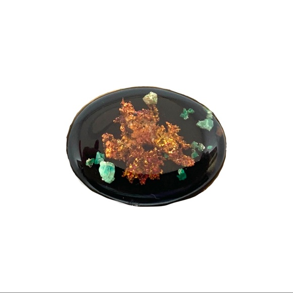 Vintage Jewelry - 5/$40 Vintage Lucite Brooch Clear Black Copper & Green Embedded Foil Oval Shape